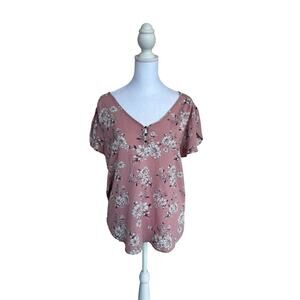Tempted Hearts Pink Floral Henley Blouse Short Sleeve High Low Top Sz L Boho